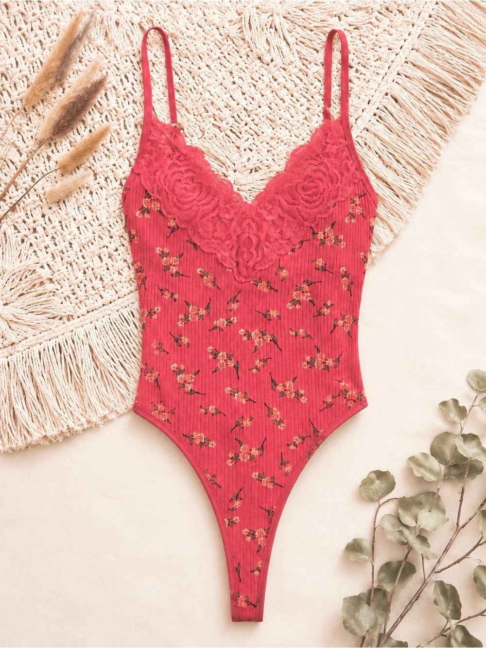 PINK Victoria's Secret Pink Floral Lace-Trim Ribbed Bodysuit